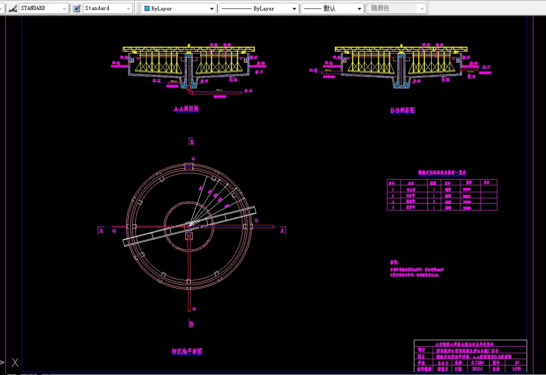 辐流式初沉池平面图、A-A剖面图及B-B剖面图