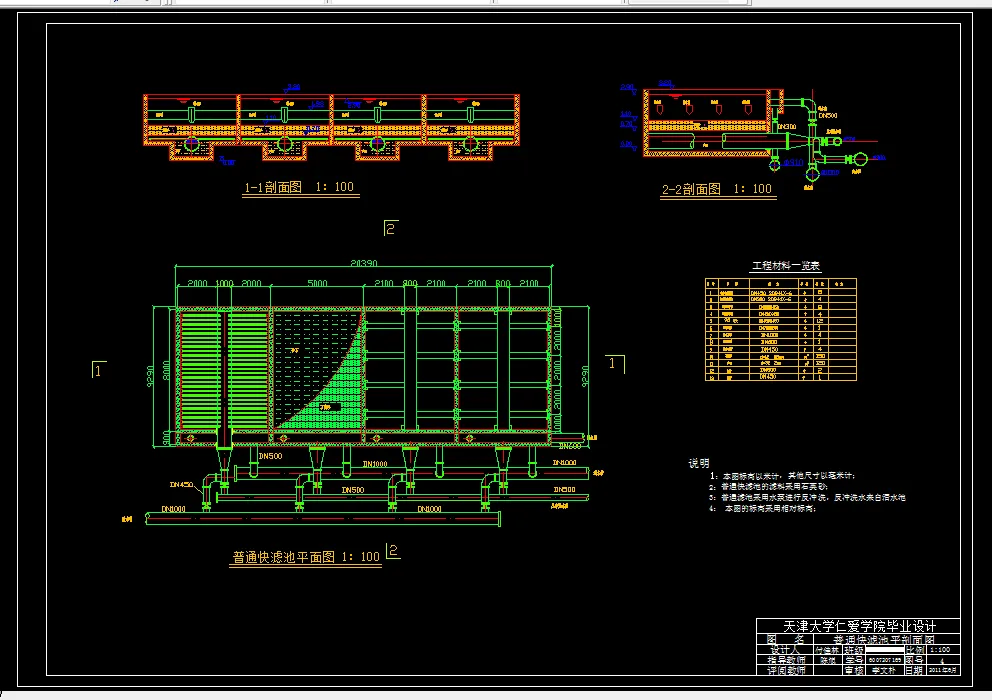 普通快滤池平剖面图