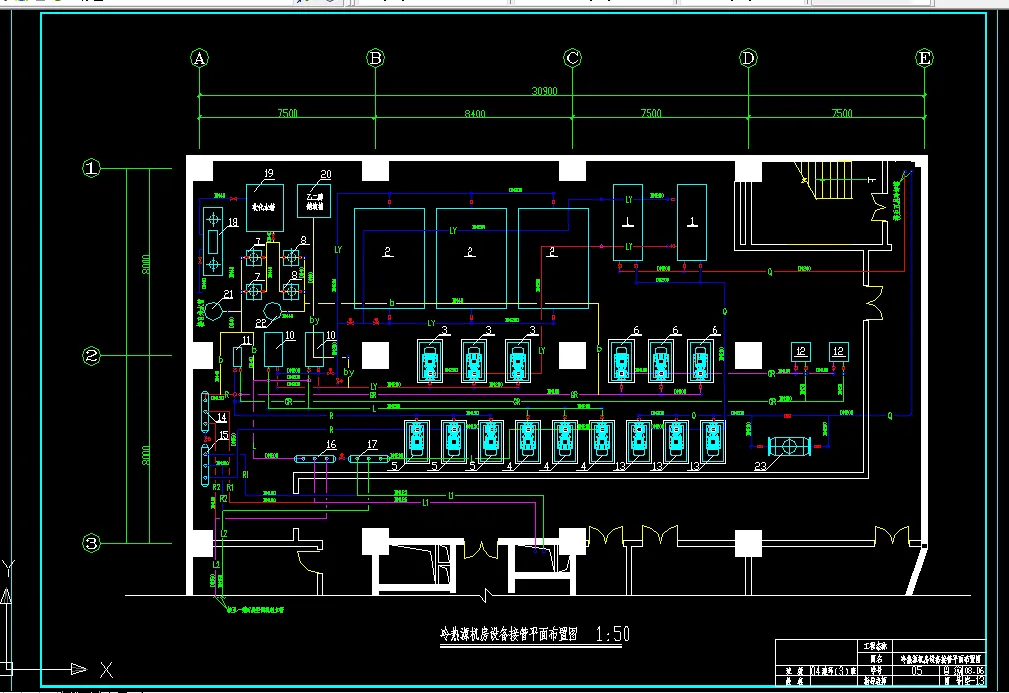 冷热源机房设备接管平面布置图