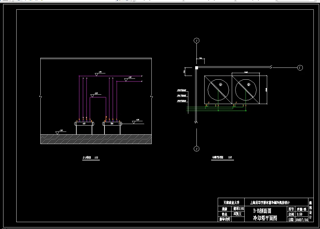 B-B剖面图冷却塔平面图