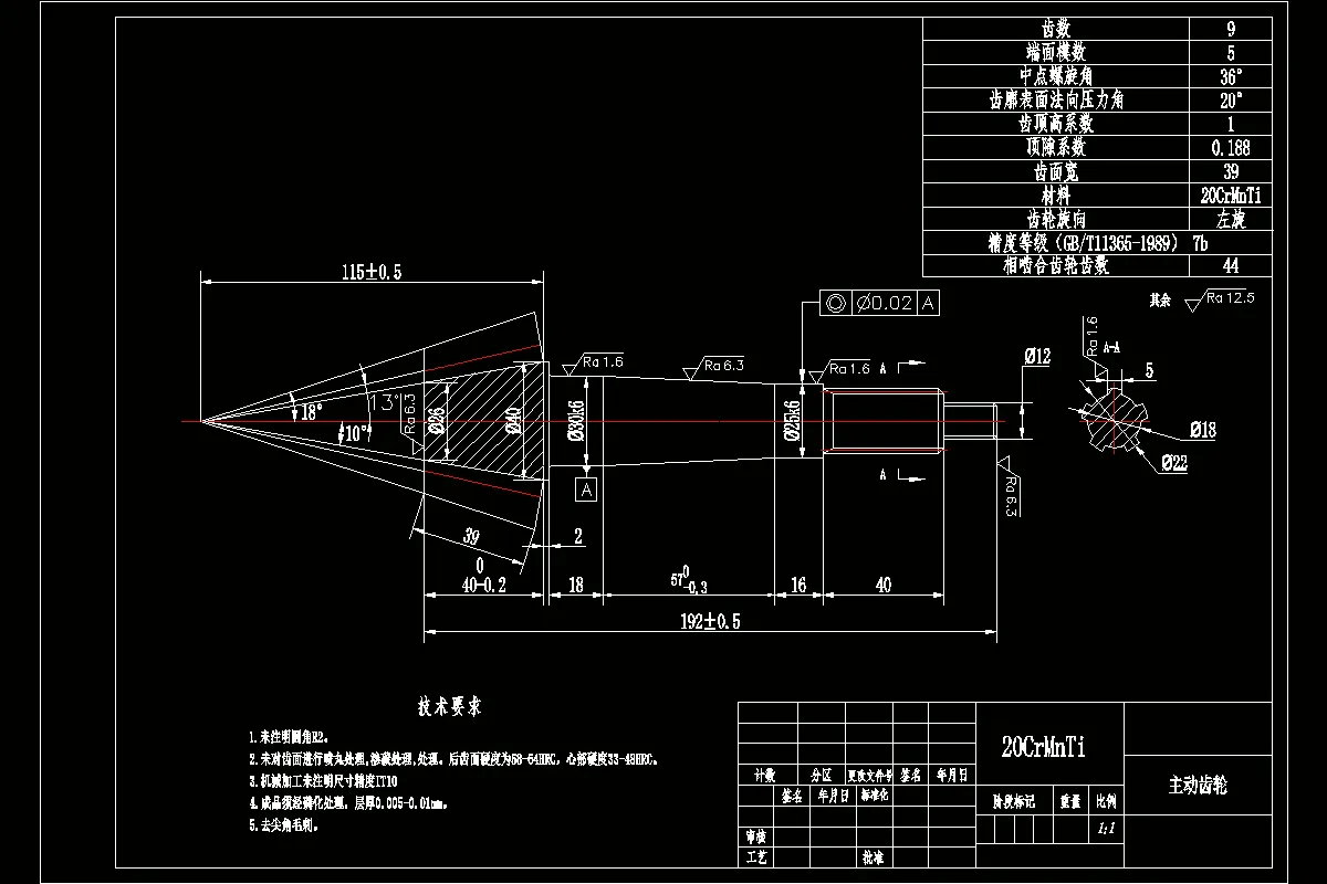 主动齿轮零件图